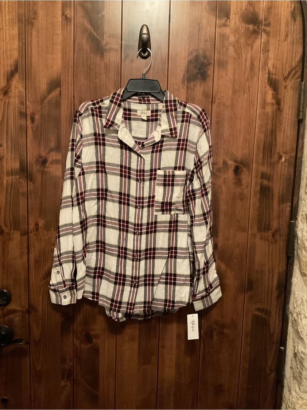 Style & Co. White and Burgundy Plaid Button-Down Shirt